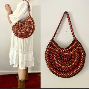 Wooden Bead Purse Satchel Hobo Bag Boho Hippie Bright Colors Red Brown Yellow